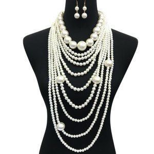 Long Layered Pearl Necklace Set